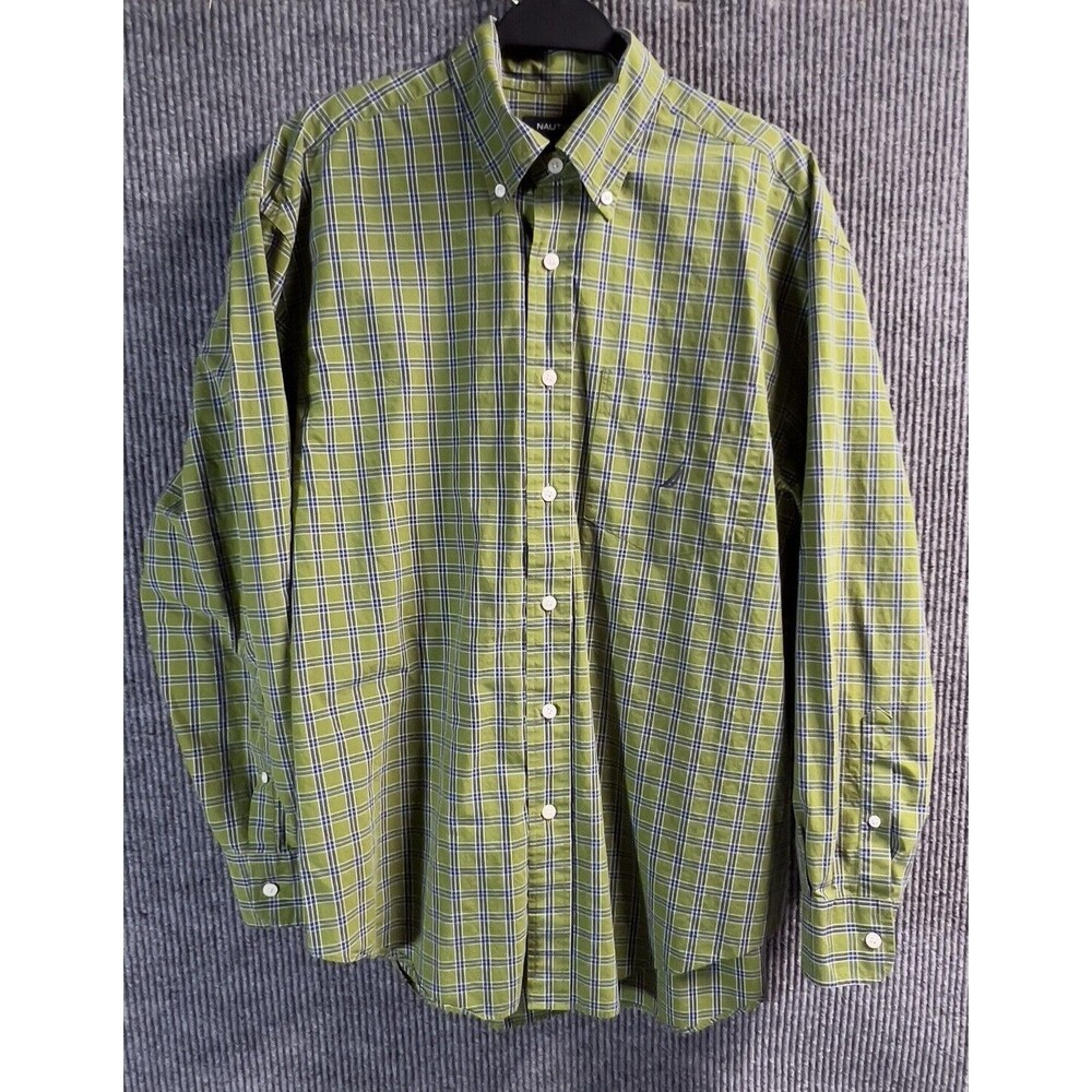 VTG Nautica Shirt Mens Large‎ Green Plaid 80's Two Ply Cotton Long Sleeve Cotton